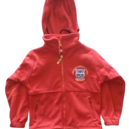 Red fleece jacket with logo (Lakewood Emerald school)
