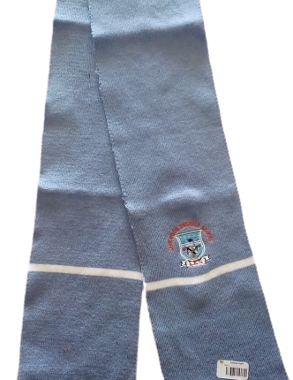 Sky Blue and white striped scarf with logo (Lakewood Emerald School)