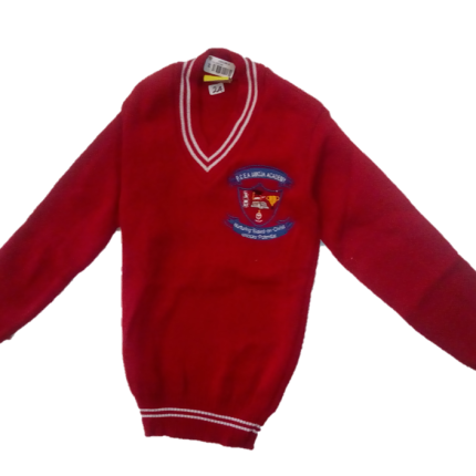Red , white bordered sweater with logo (PCEA Umoja School) Nairobi