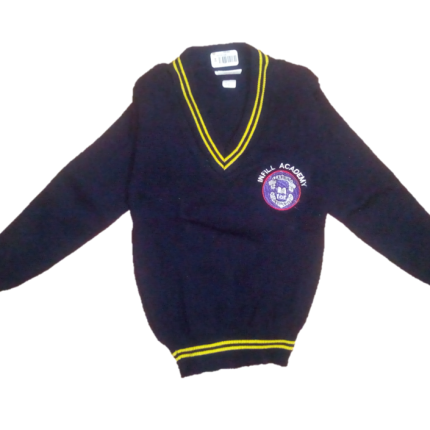 Navy blue , yellow striped sweater with logo (Infill Academy)