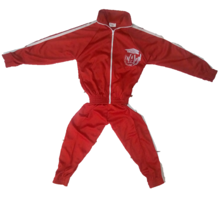 Red , white striped tracksuit with logo (PCEA Kayole School Nairobi)